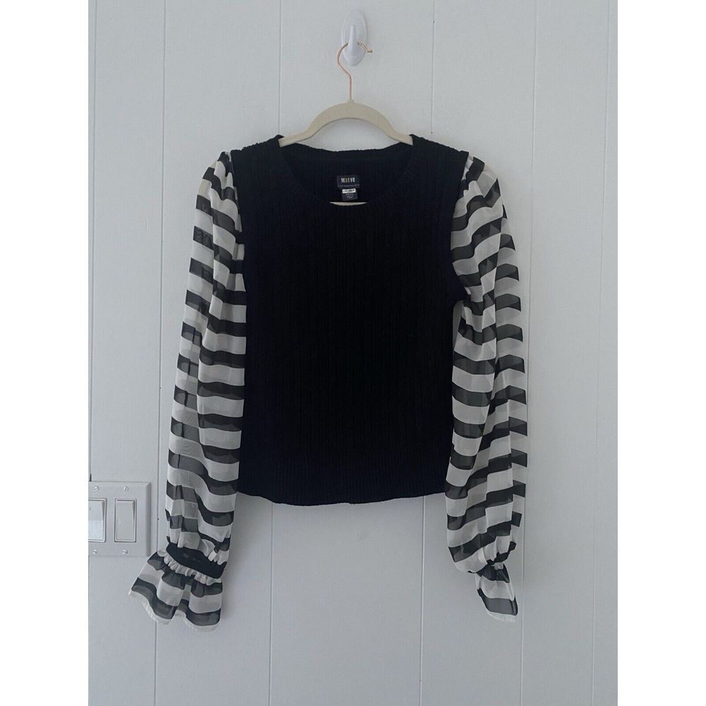 Anthropologie Maeve Small Cableknit Sweater Sheer Black & White Stripe Sleeves - Picture 2 of 7